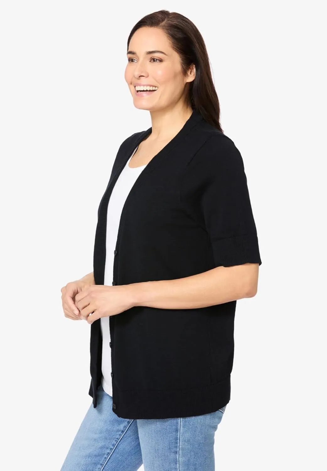 Woman Within Plus Size Lightweight Short Sleeve V-Neck Cardigan