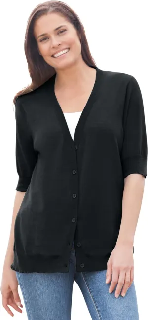 Woman Within Plus Size Lightweight Short Sleeve V-Neck Cardigan