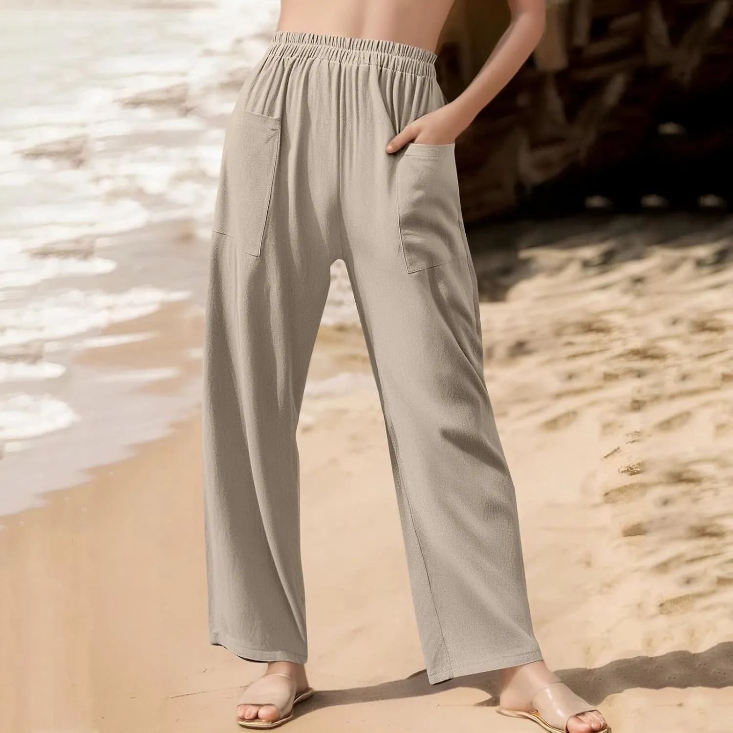 Women Beach Fashion Women Beach Fashion Women's Linen Blend High Waisted Straight Pants, Elastic Drawstring Waist