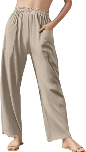 Women Beach Fashion Women Beach Fashion Women's Linen Blend High Waisted Straight Pants, Elastic Drawstring Waist