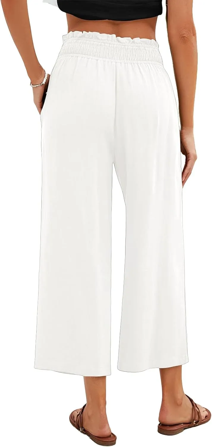 Women Capri Linen Pant Casual Loose High Waist Wide Leg Cropped Palazzo Trousers Summer Elastic Waist Flowy Beach Pants