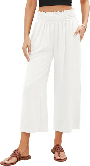 Women Capri Linen Pant Casual Loose High Waist Wide Leg Cropped Palazzo Trousers Summer Elastic Waist Flowy Beach Pants