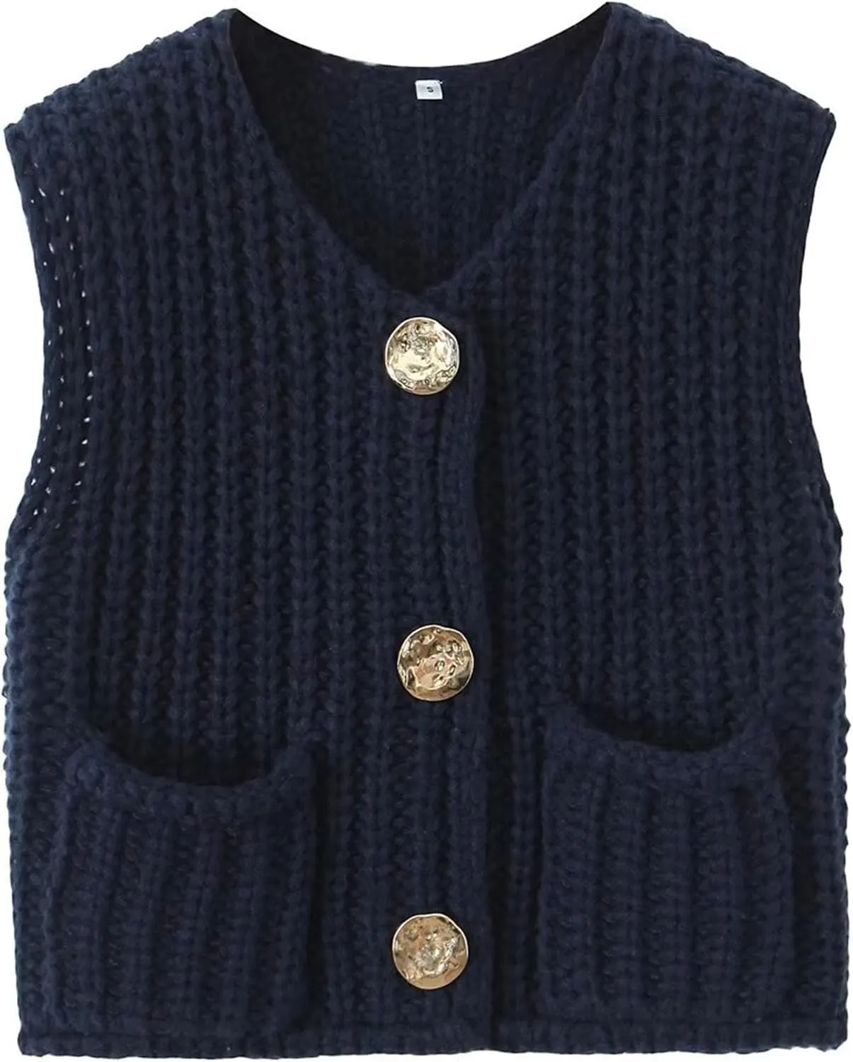 Women Crochet Knit Sweater Vest Button Up Cropped Casual Sleeveless Vest Fashion Vintage Cardigan with Pocket