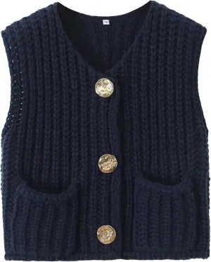 Women Crochet Knit Sweater Vest Button Up Cropped Casual Sleeveless Vest Fashion Vintage Cardigan with Pocket