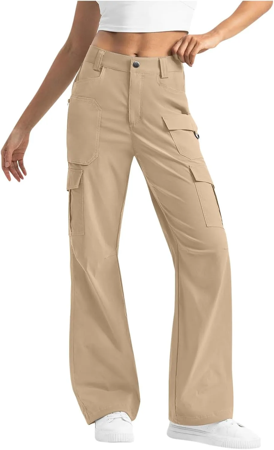 Women Dressy Cargo Pants Button High Waist Wide Leg Work Pant Lightweight Casual Outdoor Hiking Trouser with Pockets