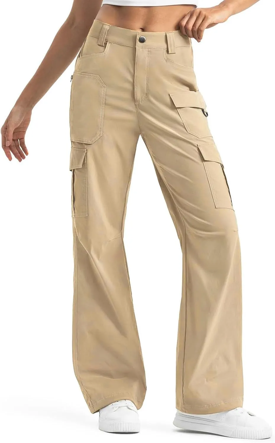 Women Dressy Cargo Pants Button High Waist Wide Leg Work Pant Lightweight Casual Outdoor Hiking Trouser with Pockets