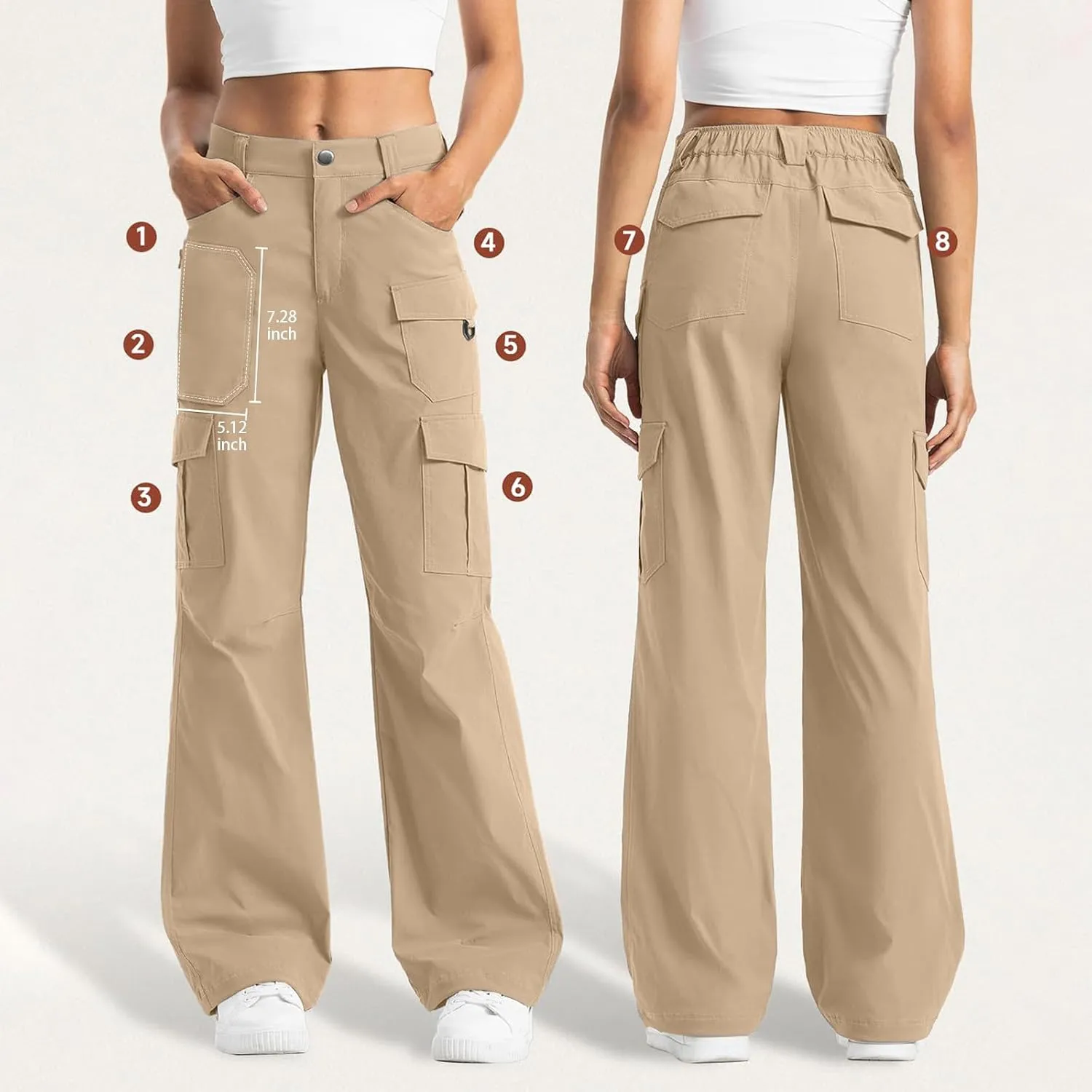 Women Dressy Cargo Pants Button High Waist Wide Leg Work Pant Lightweight Casual Outdoor Hiking Trouser with Pockets