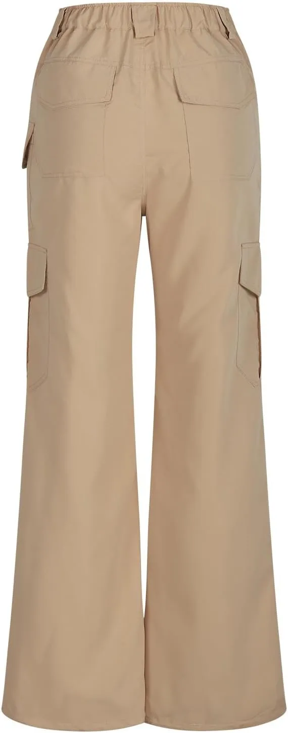 Women Dressy Cargo Pants Button High Waist Wide Leg Work Pant Lightweight Casual Outdoor Hiking Trouser with Pockets