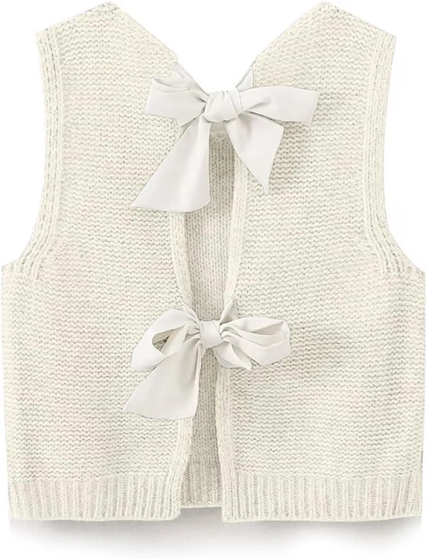 Women Knit Waistcoat Bow Tie Open Back Sweater Vest Top Slim Fit Casual Crop Cardigan Sleeveless Pullover