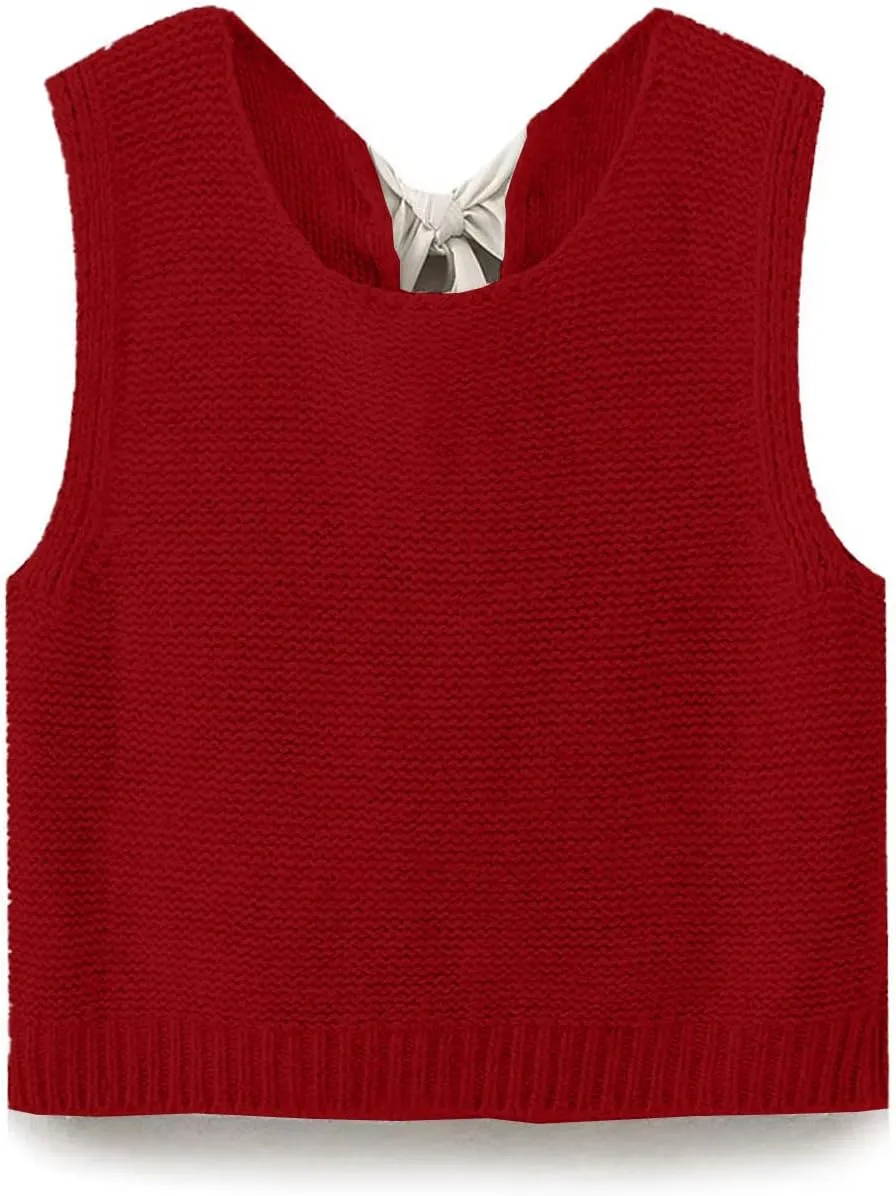 Women Knit Waistcoat Bow Tie Open Back Sweater Vest Top Slim Fit Casual Crop Cardigan Sleeveless Pullover