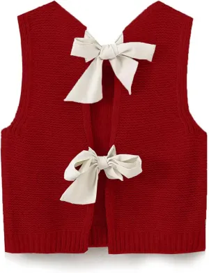 Women Knit Waistcoat Bow Tie Open Back Sweater Vest Top Slim Fit Casual Crop Cardigan Sleeveless Pullover