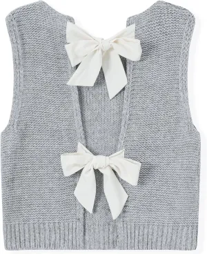 Women Knit Waistcoat Bow Tie Open Back Sweater Vest Top Slim Fit Casual Crop Cardigan Sleeveless Pullover