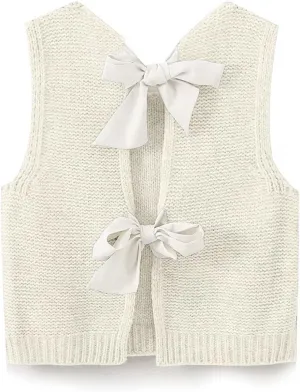 Women Knit Waistcoat Bow Tie Open Back Sweater Vest Top Slim Fit Casual Crop Cardigan Sleeveless Pullover