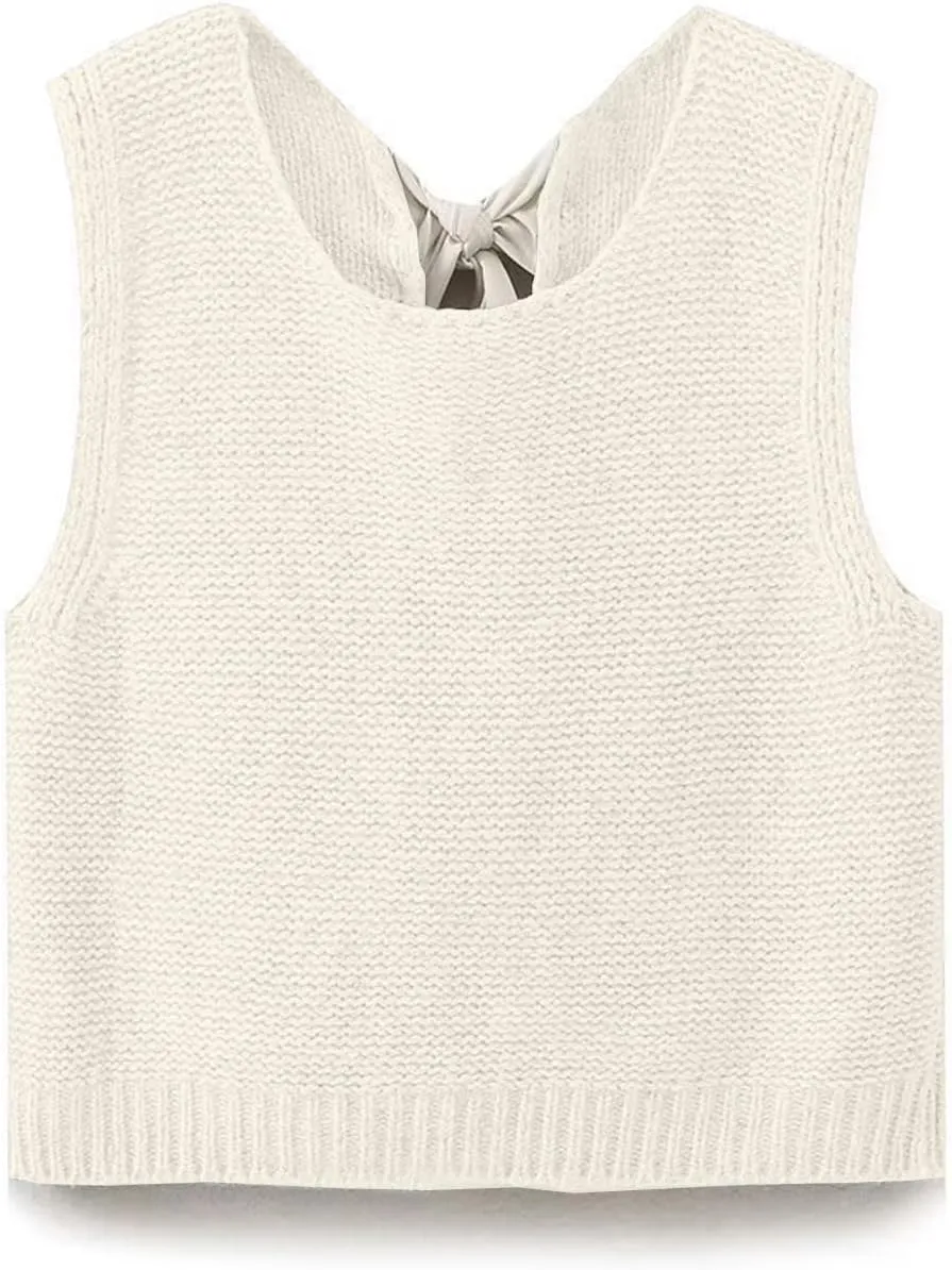 Women Knit Waistcoat Bow Tie Open Back Sweater Vest Top Slim Fit Casual Crop Cardigan Sleeveless Pullover