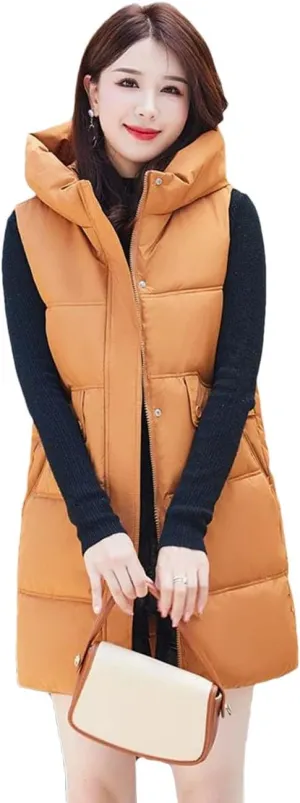 Women Korean Casual Down Cotton Vests Long Hooded Waistcoat Winter Cotton-Padded Jacket Coat Fashion Sleeveless Vests