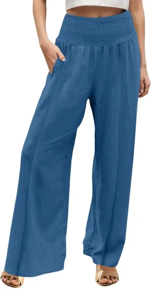 Women Linen Palazzo Pants Wide Leg High Waist Pant Solid Pockets Casual Loose Beach Vacation Lounge Outfits Clothes