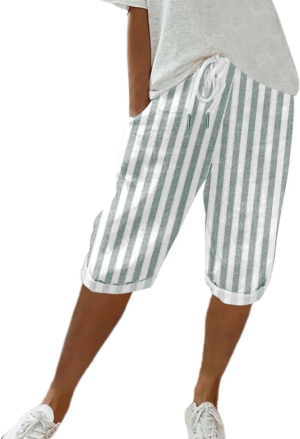 Women Linen Pants Capri Pants Cotton Wide Leg Elastic Waist Straight Leg Trousers Casual Summer Lounge Trousers
