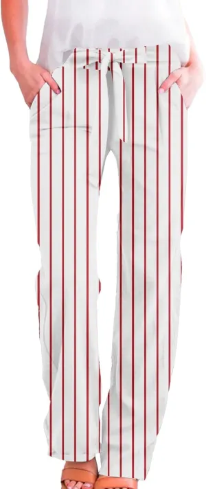 Women Linen Pants Drawstring Striped with Pockets- Wide Leg Sweat Pants Trousers Trendy Lounge Gauze for Women