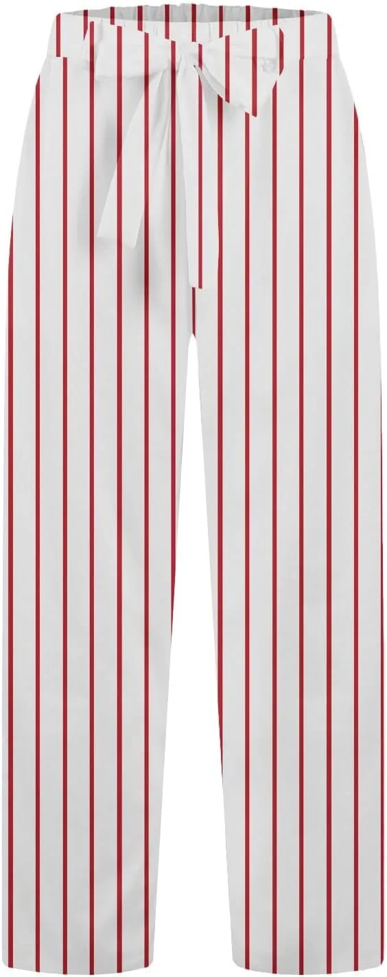 Women Linen Pants Drawstring Striped with Pockets- Wide Leg Sweat Pants Trousers Trendy Lounge Gauze for Women