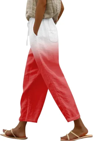 Women Linen Pants Lightweight Capri Pants Cotton Linen High Waisted Trousers Loose Summer Lounge Long Trousers