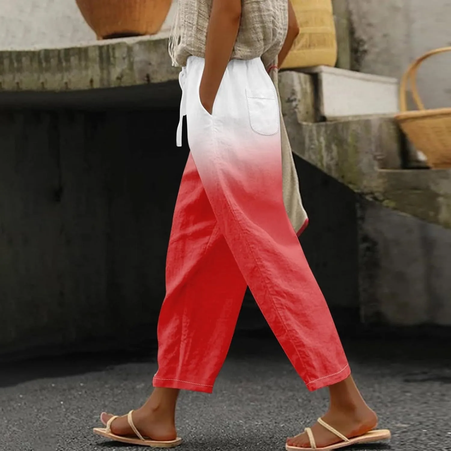 Women Linen Pants Lightweight Capri Pants Cotton Linen High Waisted Trousers Loose Summer Lounge Long Trousers