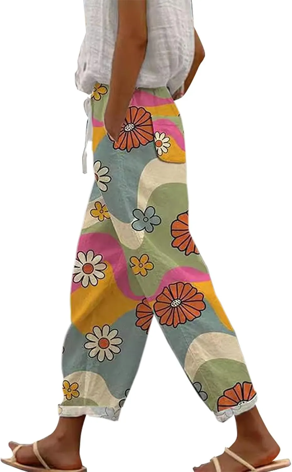 Women Linen Pants Waist Pants Drawstring Capri Pants with Pockets Wide Leg Cropped Pants for Women Lightweight Loose