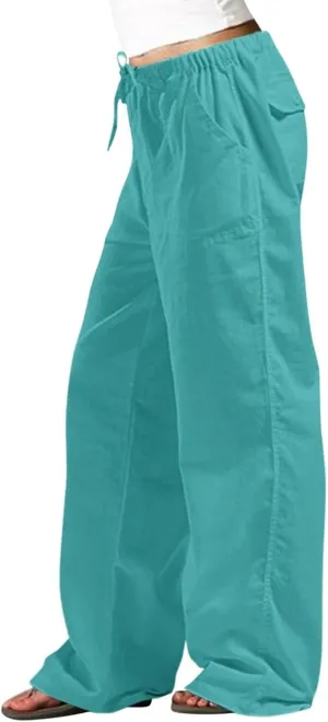 Women Pull On Elastic Waist Linen Pants Pockets Summer Lightweight Solid Color Drawstring Wide Leg Palazzo Plus Size