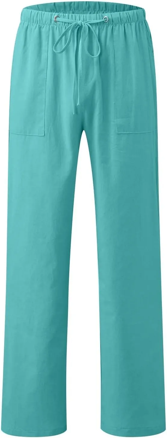 Women Pull On Elastic Waist Linen Pants Pockets Summer Lightweight Solid Color Drawstring Wide Leg Palazzo Plus Size