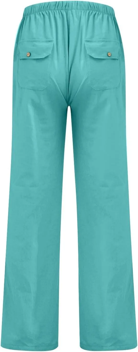 Women Pull On Elastic Waist Linen Pants Pockets Summer Lightweight Solid Color Drawstring Wide Leg Palazzo Plus Size
