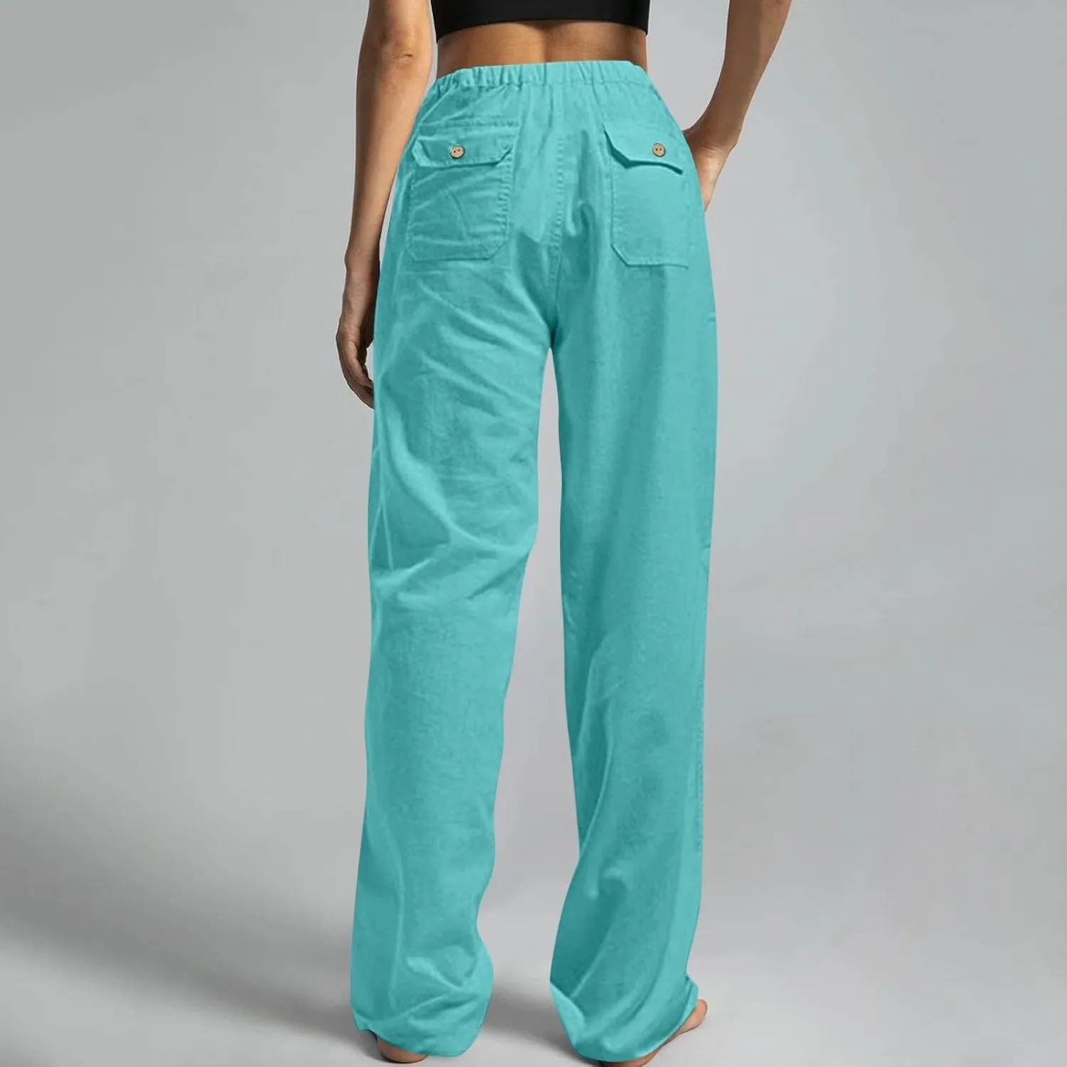 Women Pull On Elastic Waist Linen Pants Pockets Summer Lightweight Solid Color Drawstring Wide Leg Palazzo Plus Size