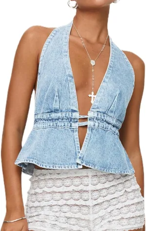 Women Sexy Deep V Neck Halter Denim Tank Top Tie Up Back Solid Color Backless Jean Vest Strapless Cropped Top