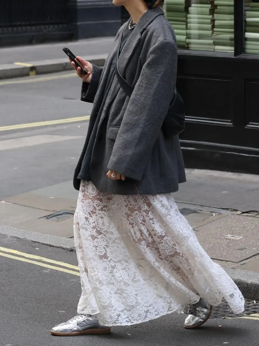 Women Sexy Sheer Lace White Flare Skirts Summer Floral Embroidered High Waist Long Maxi Beach Skirt