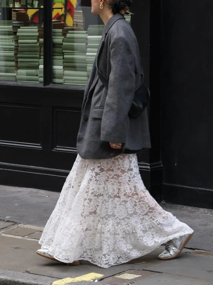 Women Sexy Sheer Lace White Flare Skirts Summer Floral Embroidered High Waist Long Maxi Beach Skirt