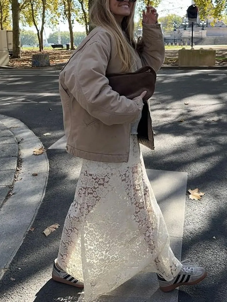 Women Sexy Sheer Lace White Flare Skirts Summer Floral Embroidered High Waist Long Maxi Beach Skirt