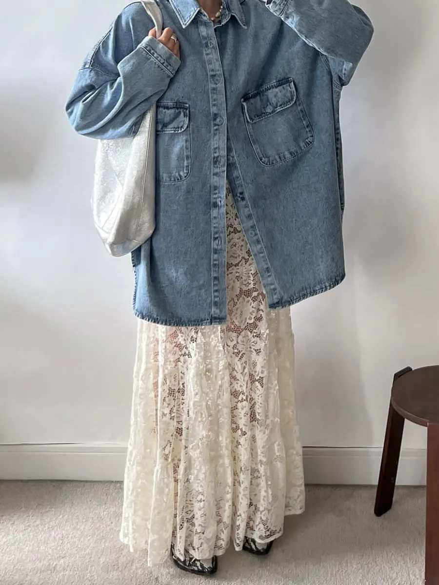 Women Sexy Sheer Lace White Flare Skirts Summer Floral Embroidered High Waist Long Maxi Beach Skirt
