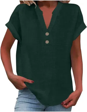 Women Short Sleeve Cotton Linen Shirt Casual V-Neck Oversized T Shirt Button Down Collar Loose Summer Tee Top