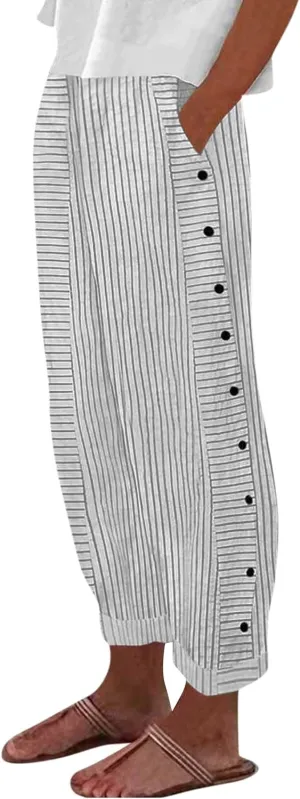Women Summer Casual Linen Pants Straight Leg Elastic Waist Pockets Cropped Pants, Small-5X-Large, Beige
