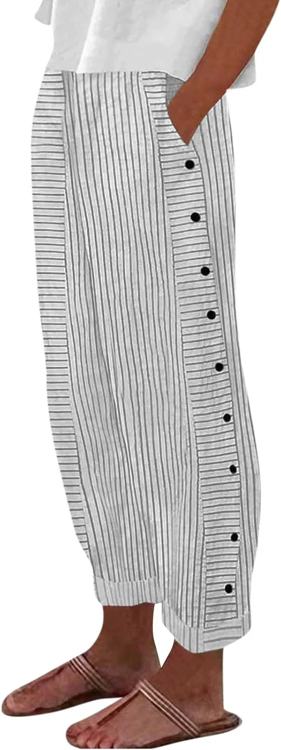 Women Summer Casual Linen Pants Straight Leg Elastic Waist Pockets Cropped Pants, Small-5X-Large, Beige