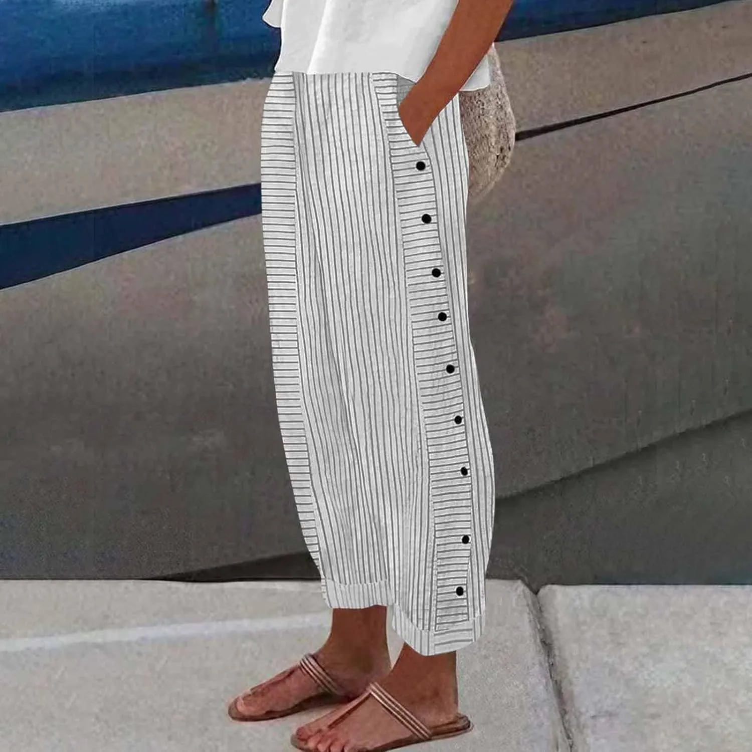 Women Summer Casual Linen Pants Straight Leg Elastic Waist Pockets Cropped Pants, Small-5X-Large, Beige