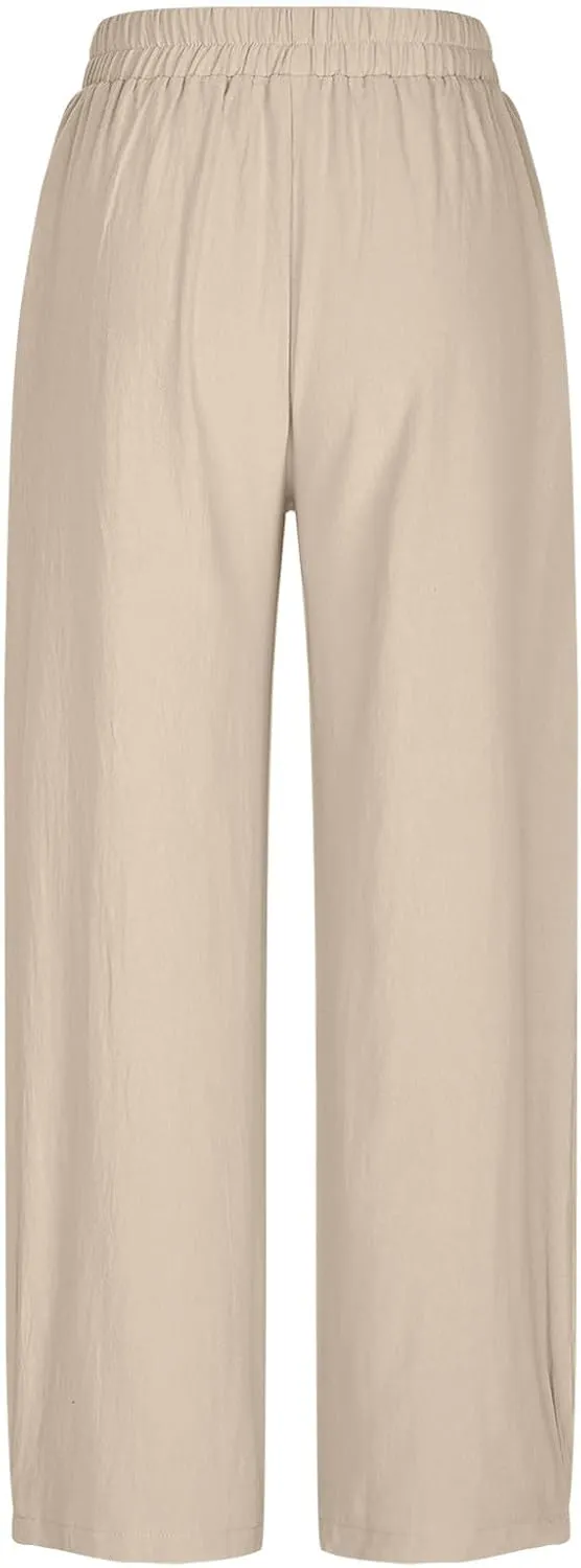 Women Summer Cotton Linen Pants Elastic Waist Straight Pant Wide Leg Beach Trousers Lightweight Long Pants