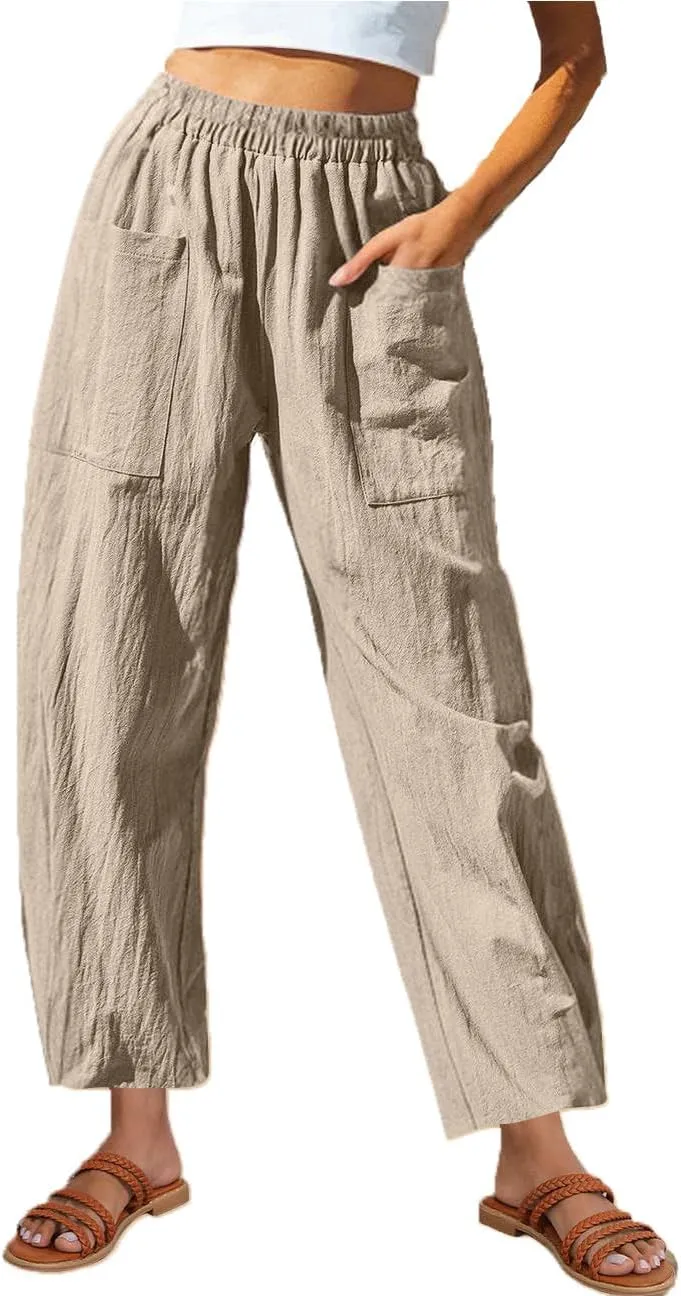 Women Summer Cotton Linen Pants Elastic Waist Straight Pant Wide Leg Beach Trousers Lightweight Long Pants