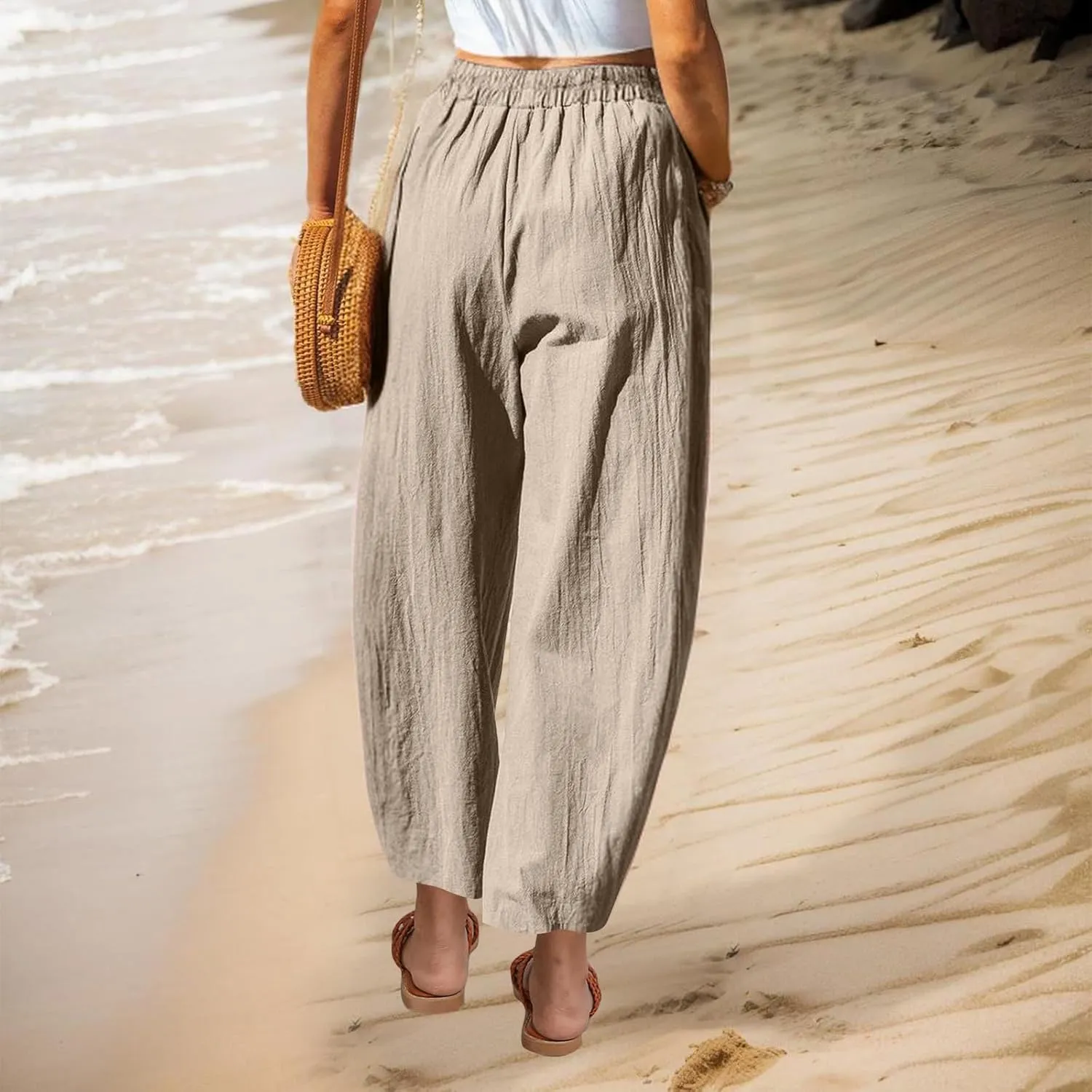 Women Summer Cotton Linen Pants Elastic Waist Straight Pant Wide Leg Beach Trousers Lightweight Long Pants