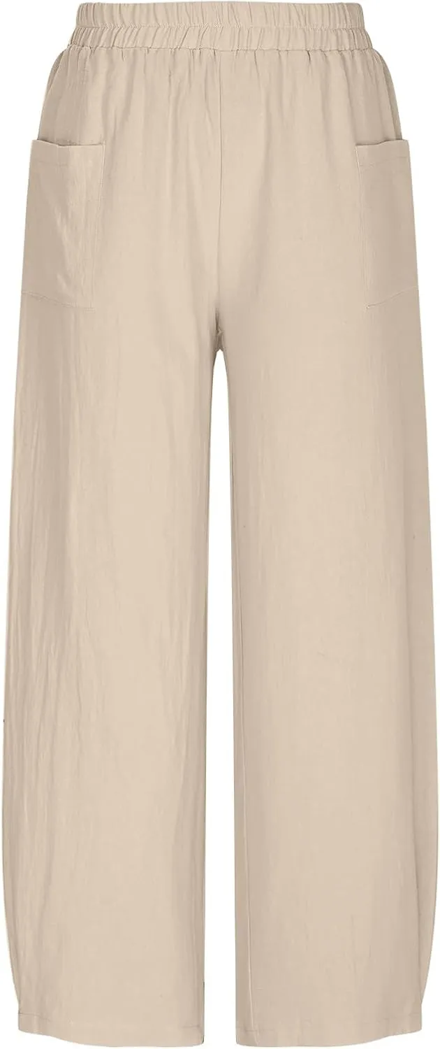 Women Summer Cotton Linen Pants Elastic Waist Straight Pant Wide Leg Beach Trousers Lightweight Long Pants