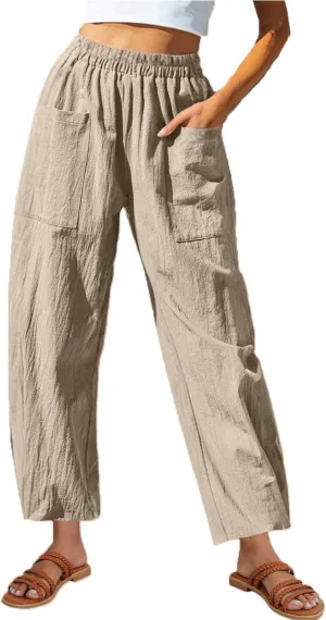 Women Summer Cotton Linen Pants Elastic Waist Straight Pant Wide Leg Beach Trousers Lightweight Long Pants