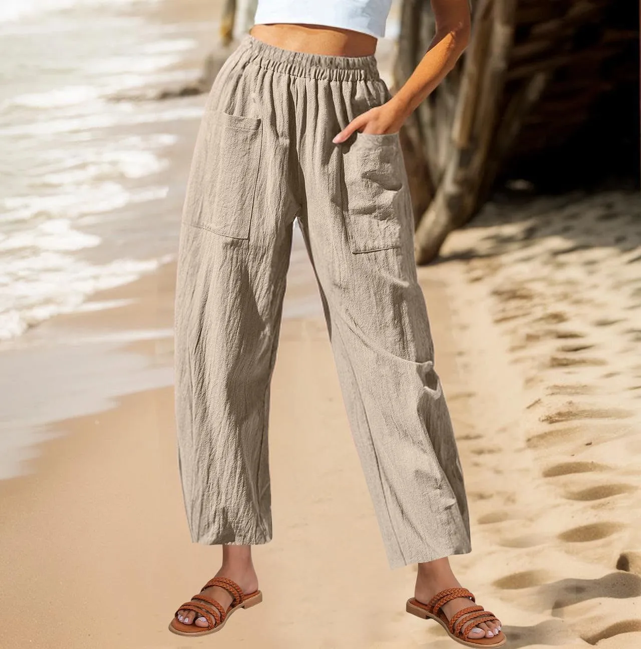 Women Summer Cotton Linen Pants Elastic Waist Straight Pant Wide Leg Beach Trousers Lightweight Long Pants
