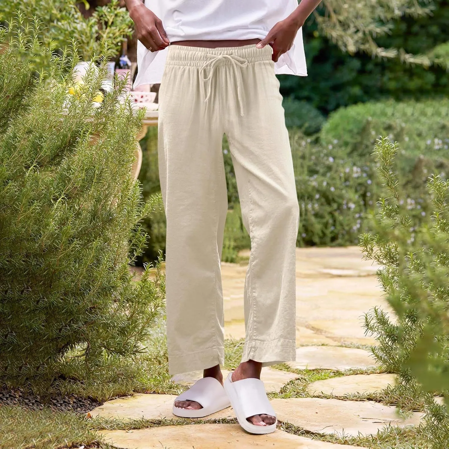 Women Summer Wide Leg Straight Trousers Casual Drawstring Waist Palazzo Pants with Pocket 2025 Cotton Linen Outfits