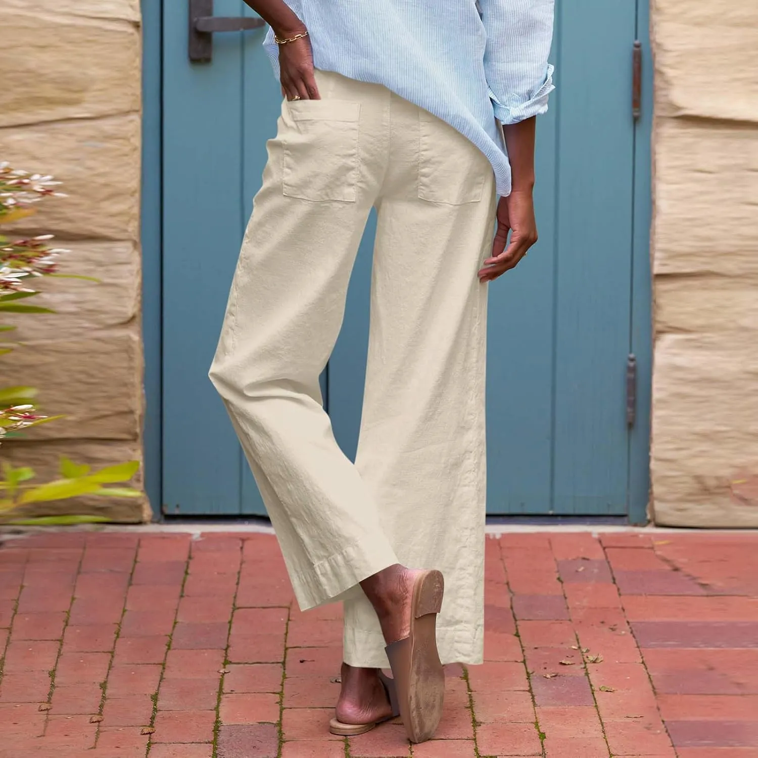 Women Summer Wide Leg Straight Trousers Casual Drawstring Waist Palazzo Pants with Pocket 2025 Cotton Linen Outfits