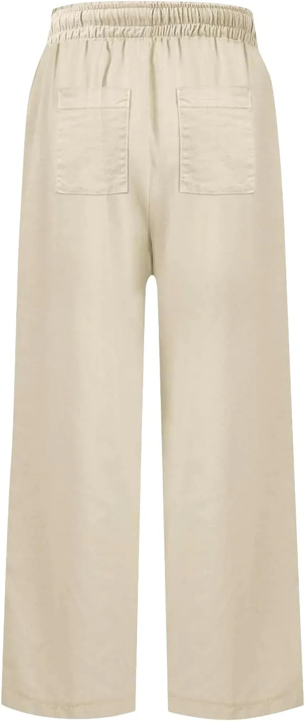 Women Summer Wide Leg Straight Trousers Casual Drawstring Waist Palazzo Pants with Pocket 2025 Cotton Linen Outfits
