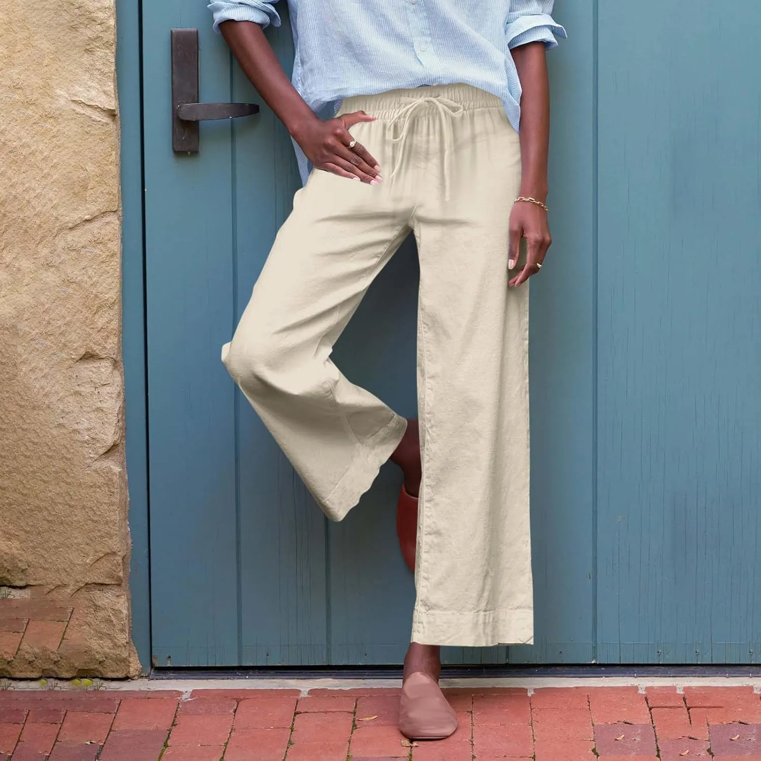 Women Summer Wide Leg Straight Trousers Casual Drawstring Waist Palazzo Pants with Pocket 2025 Cotton Linen Outfits