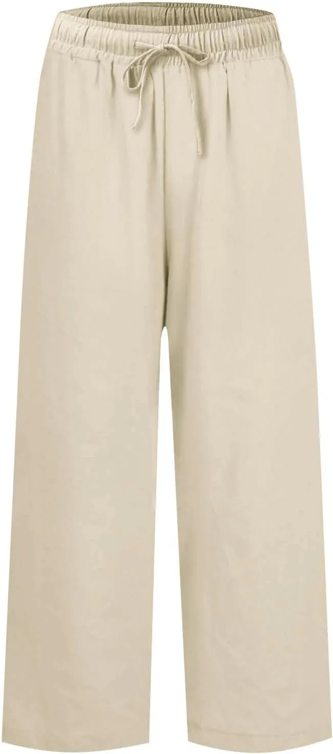 Women Summer Wide Leg Straight Trousers Casual Drawstring Waist Palazzo Pants with Pocket 2025 Cotton Linen Outfits